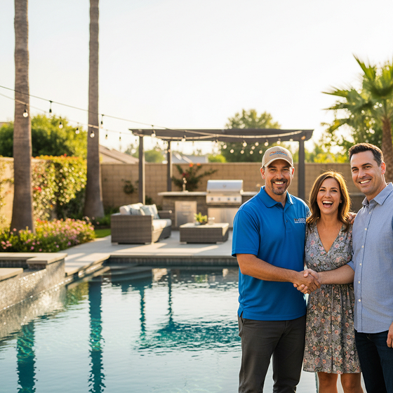 Contractor shaking hands with homeowners after an outdoor project